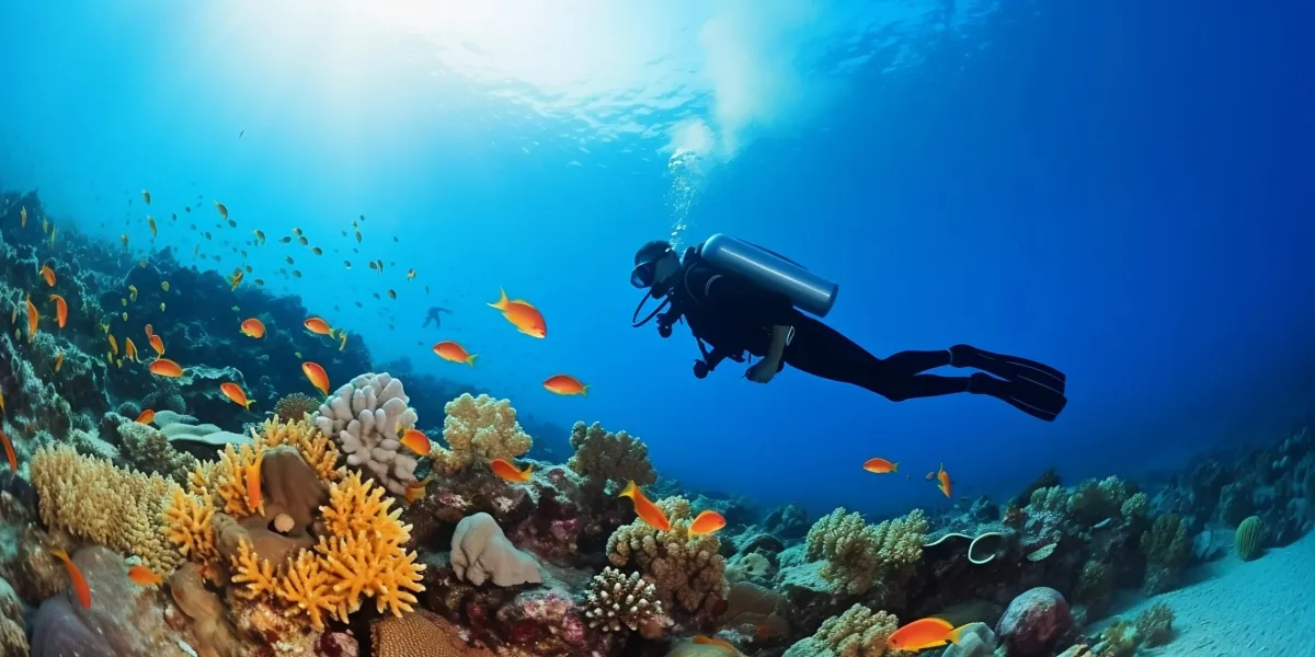 scuba diving in tropical ocean coral reef sea under water, scuba diver, diver, swim, caribbean, fiji, maldives, snorkel, marine life, aquatic, aqua blue, dive, travel, tourism Generative AI. a group of people are underwater