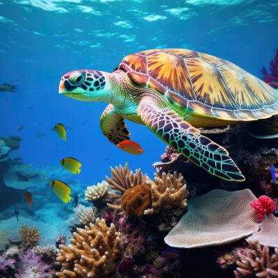 a turtle swimming under water