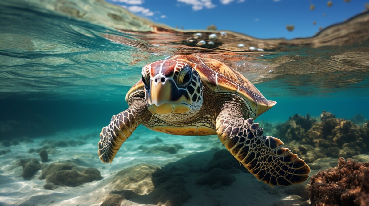 In the ocean, a green sea turtle is swimming. a turtle swimming under water
